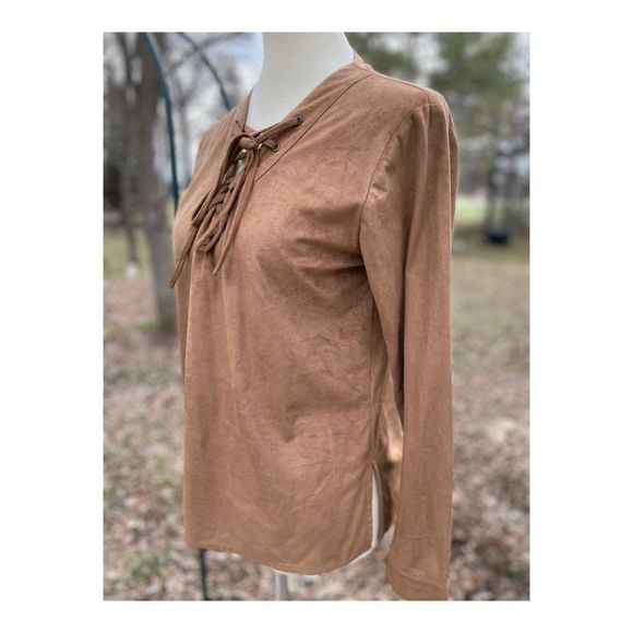 Bill Blass Vintage 90s Faux Suede Western Shirt Lace Up Neckline Long Sleeve S - Picture 1 of 10